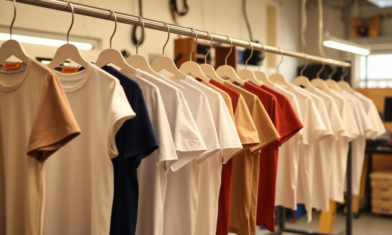 Camisetas finalizadas penduradas em arara